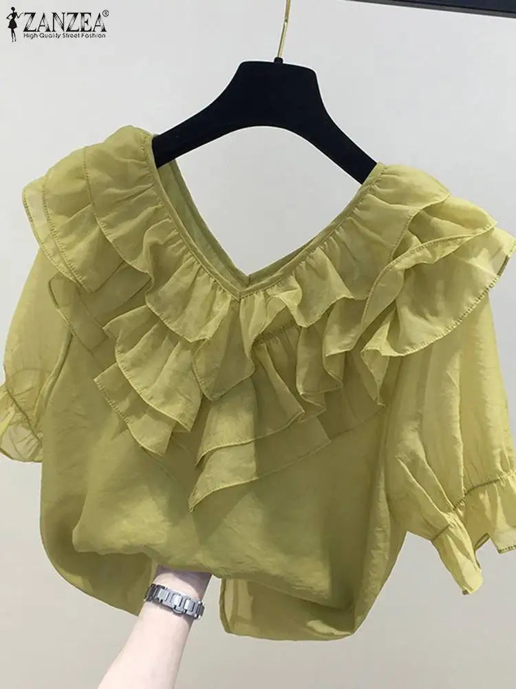 ZANZEA Frauen Feste Rüschen Bluse Vintage 3/4 Ärmel V-ausschnitt Chemise 2024 Sommer Büro Chiffon Shirts Casual Lose Nähte Tops