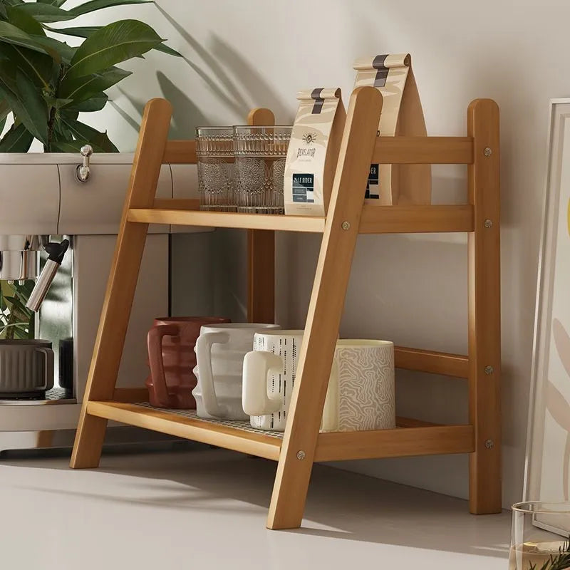 2-lagiges Gewürz-Caddy-Regal aus Bambus für die Küche, Aufbewahrungsregal für den Schreibtisch, Schrank-Organizer, Präsentationsständer, Kaffeebar, Theke, Getränkehalter