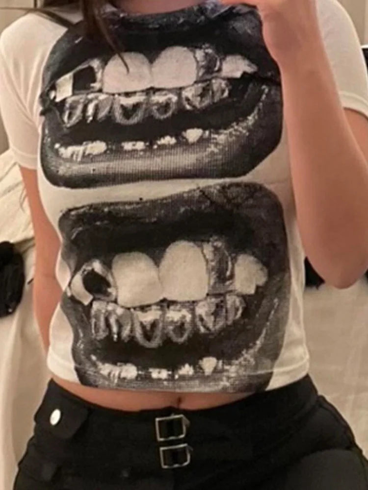 Punk Y2K Baby Kurzarm Top Gothic Street T-Shirt Damen Freizeit Basic T-Shirt Damen 2024 Sommer Top E Mädchen Gothic EMO