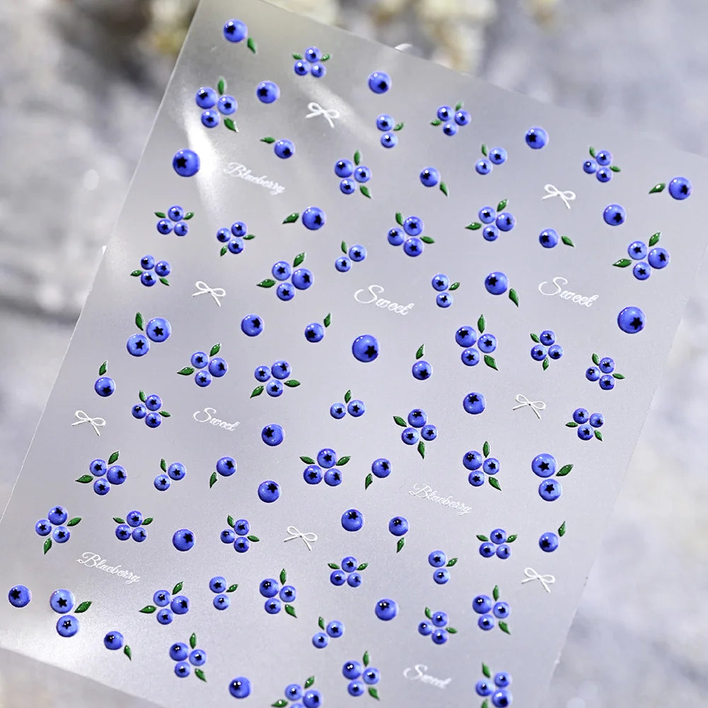 1 Stück Niedliche Blaubeer-Muster Nagelaufkleber Süße Blaue Früchte & Weiße Schleife Selbstklebende Nagelsticker Sommer DIY Maniküre Zubehör