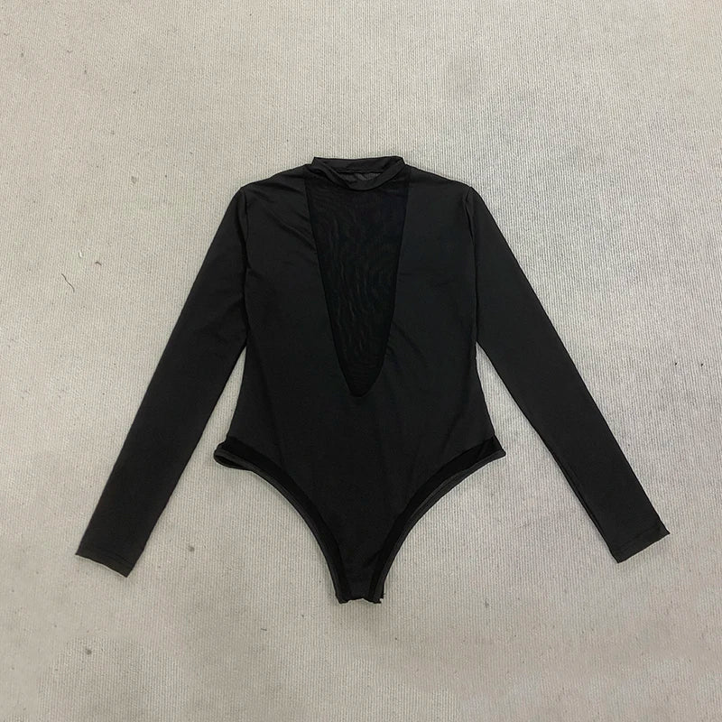 Damen Sexy Tiefer V-Ausschnitt Langarm Mesh Patchwork Jumpsuit Lässige Frühling Sommer Mode Kleidung