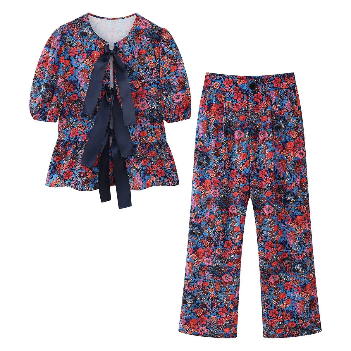 2024 Damen-Freizeithosen-Set, lila Druck, weites Bein, Hosen + Schleife, Schnürung, kurze Ärmel, Strickjacke, Hemden, Textur, Y2k-Sommeranzug