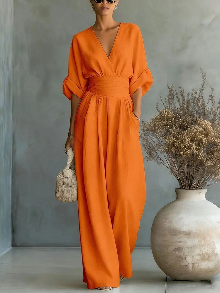 Elegante Damen-Jumpsuits mit hoher Taille, Sommer-Kurzarm-Overalls mit weitem Bein, lässige V-Ausschnitt-Jumpsuits in Unifarben, lockere Streetwear