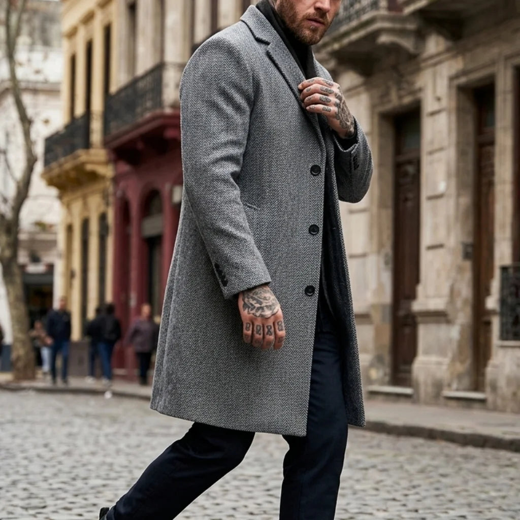 Herbst/Winter Herren Gestreifter Mantel Street Casual Jacke Lange Jacke Klassisches Muster Windjacke Warme Outdoor-Büro-Herrenbekleidung