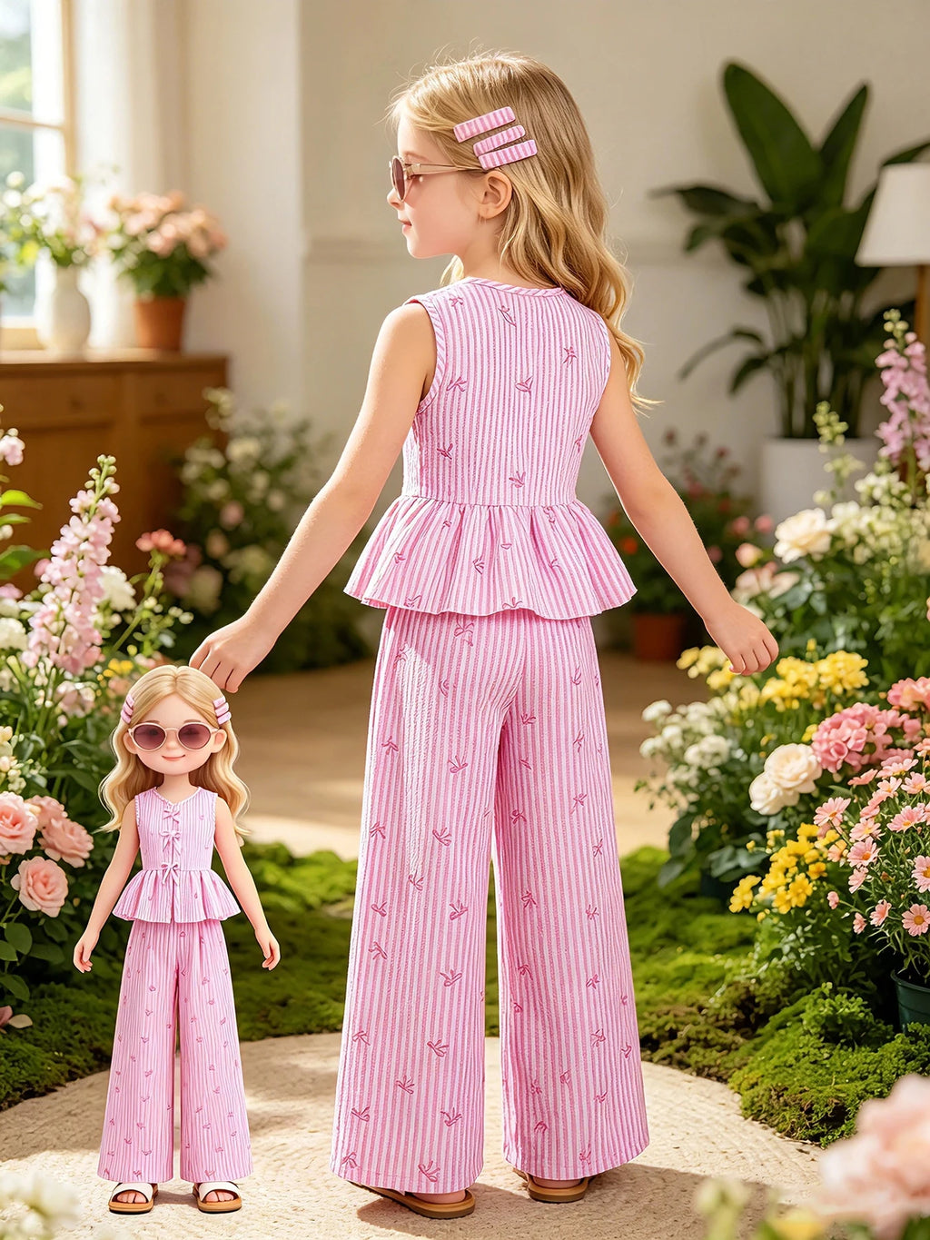 2-teiliges Sommer-Outfit-Set für Kinder und Mädchen, rosa, gestreift, mit Schleifenmuster, ärmelloses Peplum-Oberteil mit Bindedetail vorne und elastischer hoher Taille