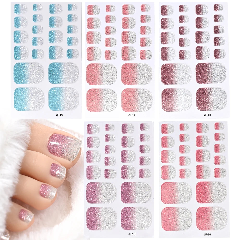 22 Tipps Ombre Glitzer Zehennagel Aufkleber Backen Kostenloser wasserdichter Aufkleber Vollständige Abdeckung Fuß Zehennagel Aufkleber Selbstklebende Maniküre Aufkleber