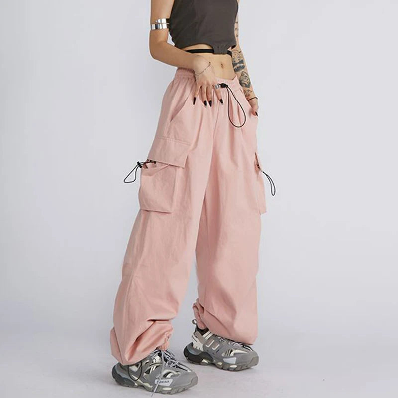 Große Größe Weibliche High Street Cargo Hosen Dame Baggy Hohe Taille Gerade Bein Hosen Mädchen Klassische Mode Kordelzug Hosen