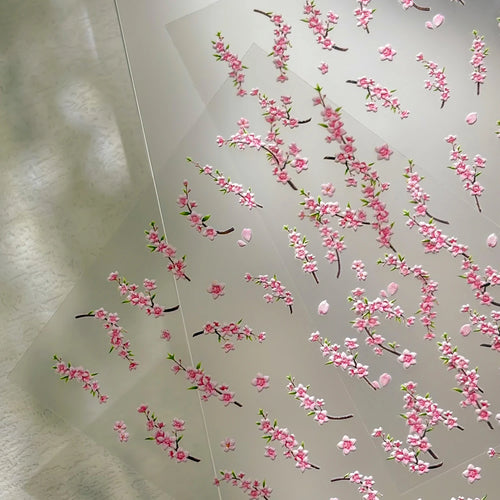 1 Stück Pfirsichblüten-Nagelkunst-Aufkleber, 5D geprägte japanische rosa Kirschblüten-Klebe-Nagelsticker, Frühlings-Blumen-Nageldekor