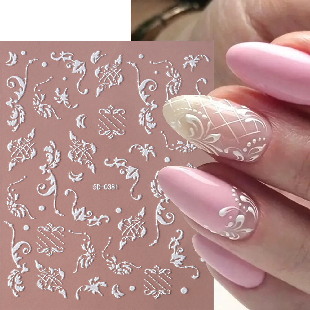 1 Stück 5D geprägte weiße Spitze Blume Nail Art Aufkleber Acryl Blumen Blatt Schmetterling Charme selbstklebende Schieber 10 * 8 cm Maniküre Aufkleber
