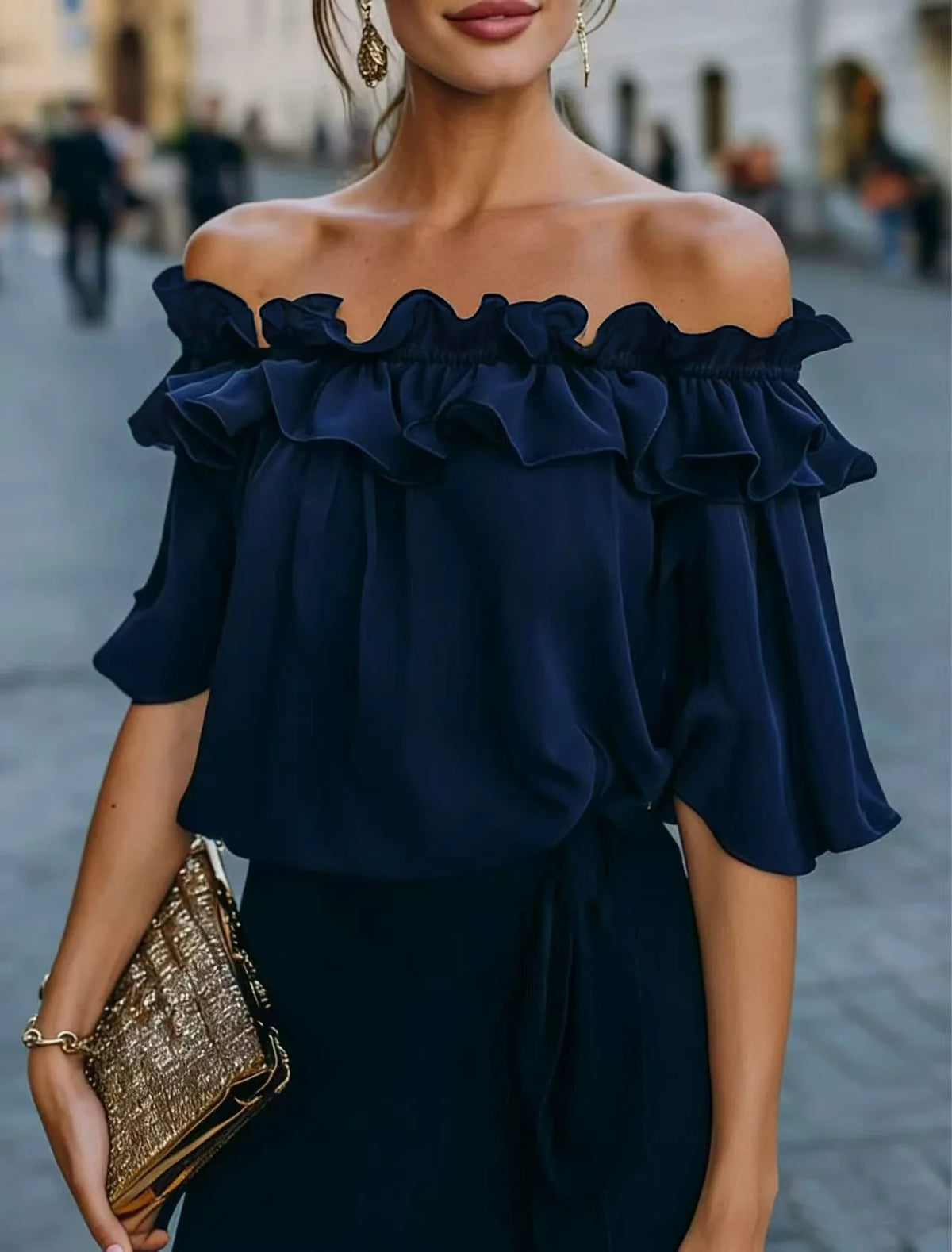 Schulterfreies Rüschenoberteil für Damen, lockere Passform, kurzärmelige Bluse, lässiges Sommerhemd, trendige Mode
