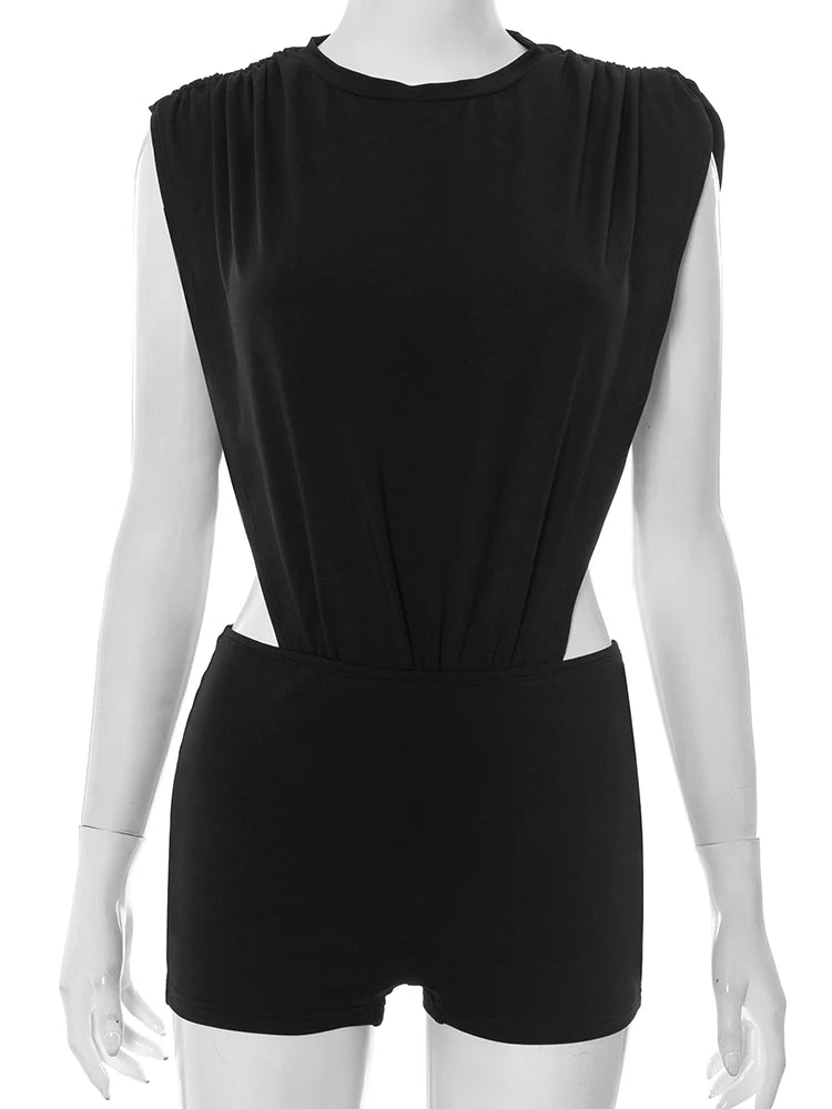 Nibber Stretch Coquette Damen 2-teiliges Set Hipster Sexy geraffte Schulter Side Split Bodysuit + Shorts passende Mitternachts-Clubwear