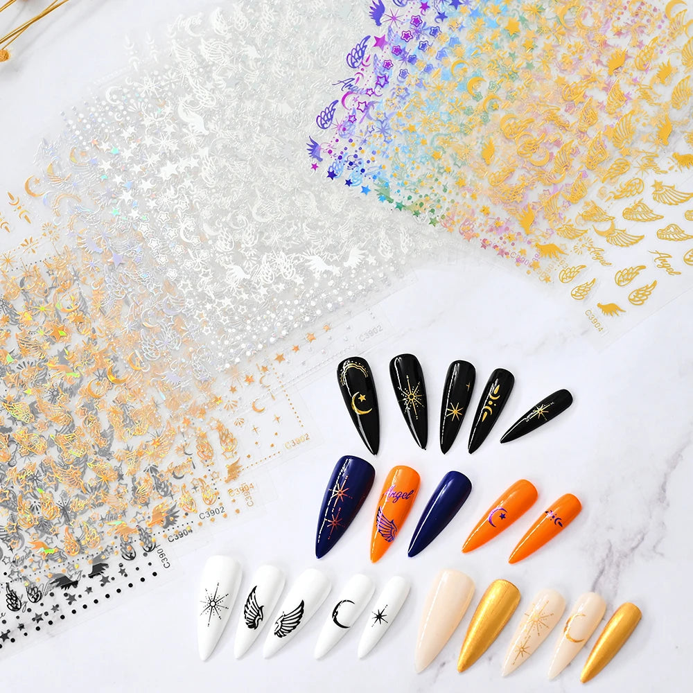Vergoldete Stern und Mond Bronzing Nail Art Aufkleber hochwertige 3D Gold/Silber selbst klebende Slider DIY Nagel Aufkleber Dekoration 8*10cm