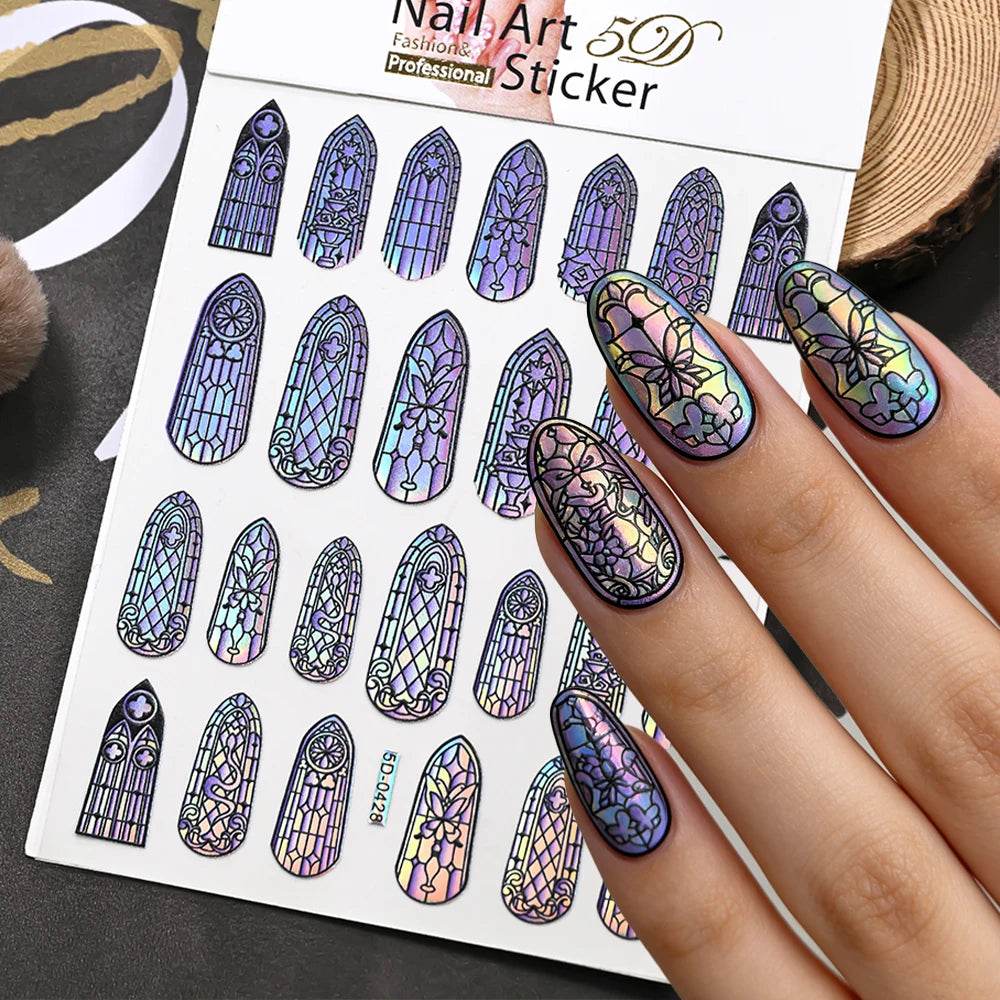 1/3 Stück 5D Aurora Buntglas-Nagelaufkleber Buntes Fenster-Rokoko-Blumenmuster Nagelkunst-Aufkleber DIY Maniküre Gotische Dekoration
