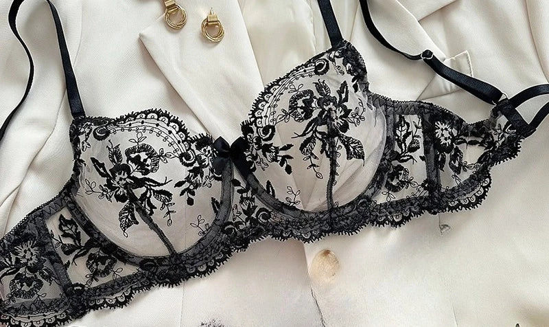 Spitzen-Stickerei-BH-Set mit ultradünnen Cups, transparente Mesh-Nachtwäsche für Frauen mit großer Oberweite, S-XL, Push-up, 32-38