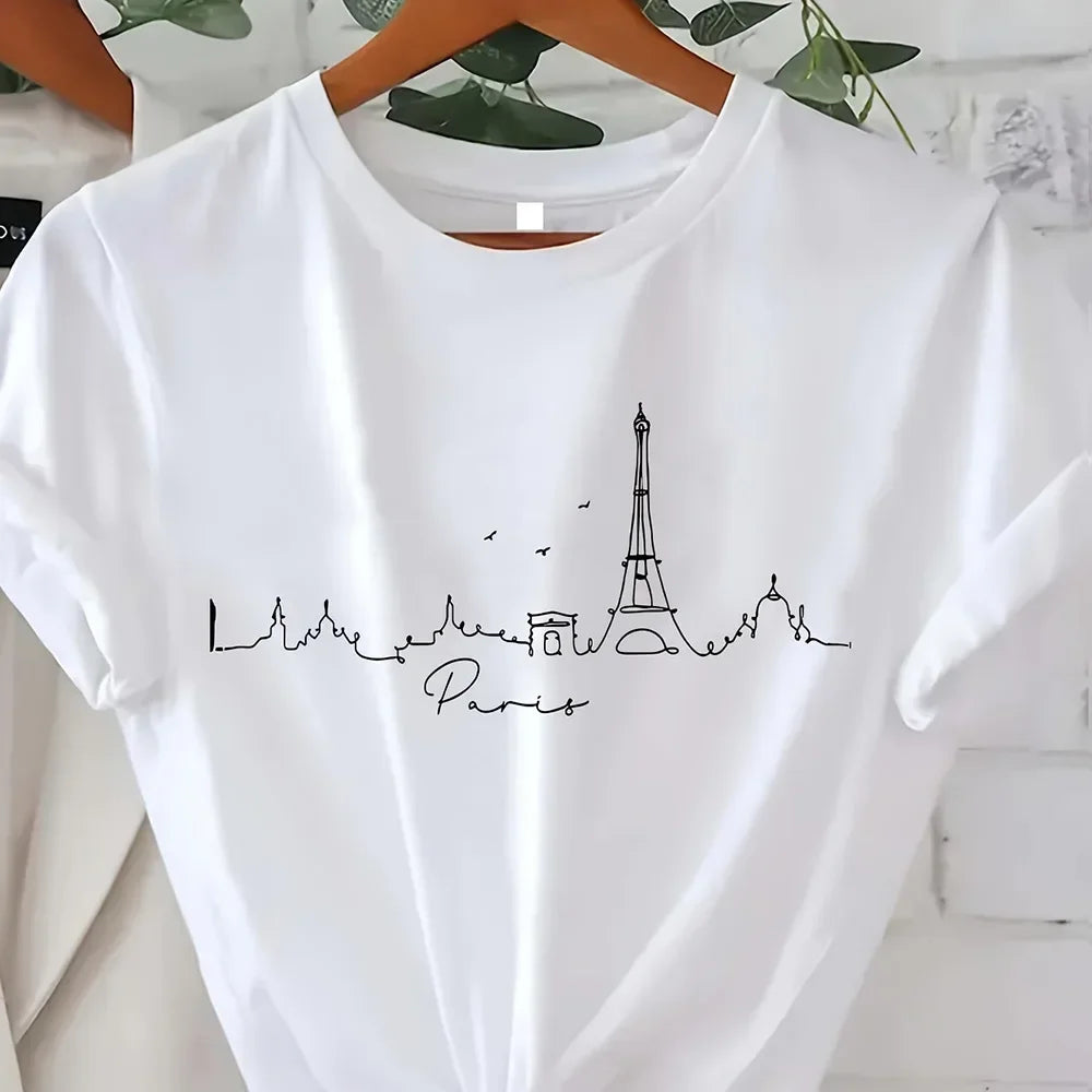 Vintage Elegantes O-Ausschnitt Kurzarm T-Shirt Paris Tower Bedrucktes Top Hochwertige, bequeme und minimalistische Damenbekleidung