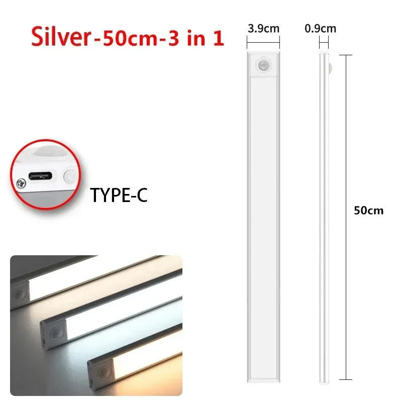 10–60 cm Bewegungsmelder unter dem Schrank, kabelloses, wiederaufladbares USB-Nachtlicht, 3 Farben, Schranklampe für den Innenbereich, Schlafzimmerbeleuchtung