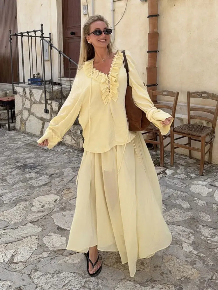 HH Frauen Rüschen Spitze-up Bluse Rock Set Langarm V-ausschnitt Hemd Plissee Midi Rock Mode Dame High Street gelb Outfit