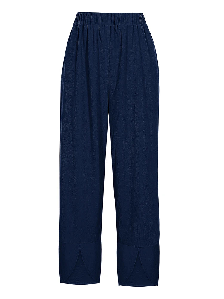 Damen-Hose in Übergröße, elastische Taille, weites Bein, lockere, lässige, einfarbige Herbst-2024, Neun-Minuten-Hose