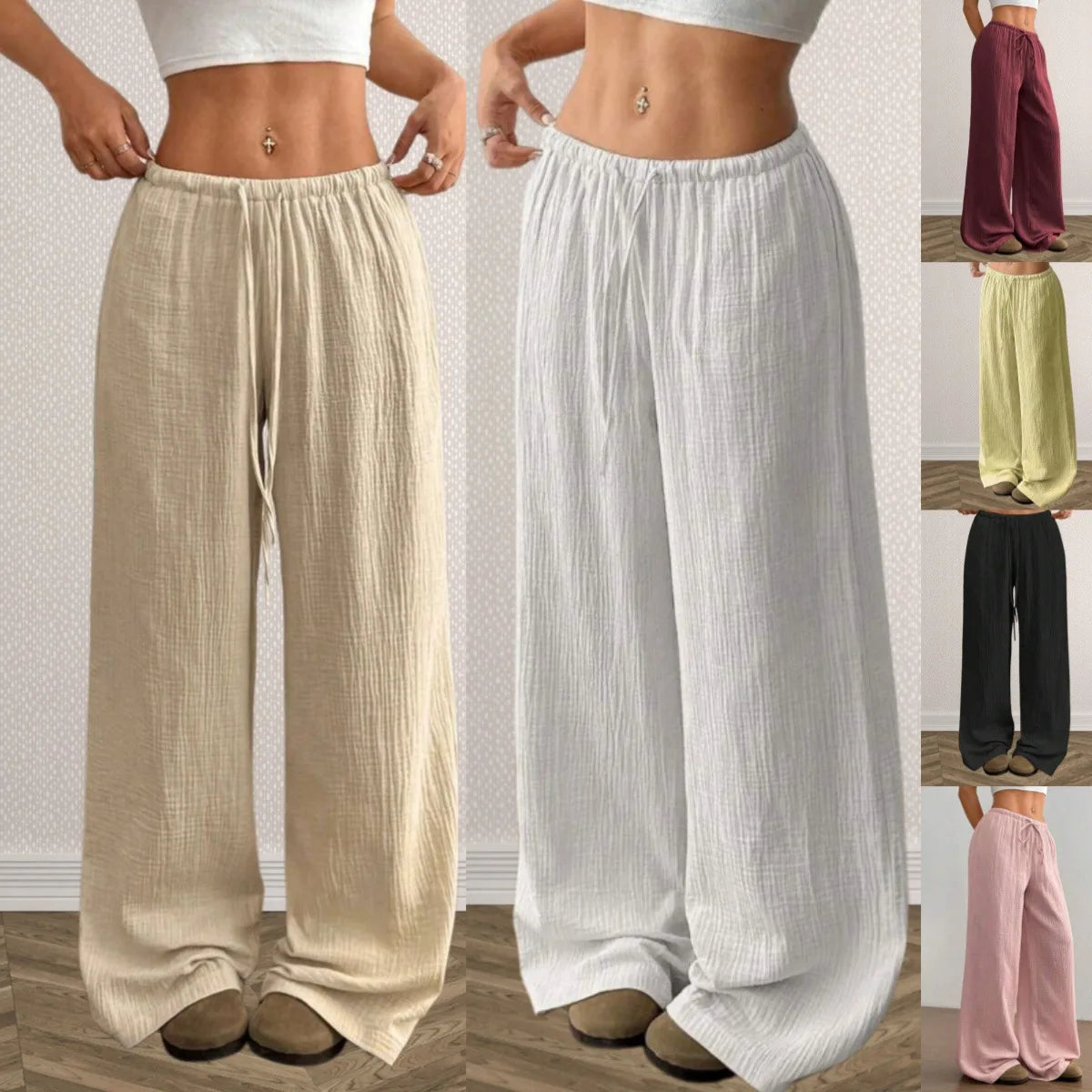 Einfarbige Damen-Freizeithose für Frühling/Herbst mit Kordelzug und geradem Bein, bequem, atmungsaktiv, für Lounge, elegante Reisen, Urlaub, Strand, Freizeithose