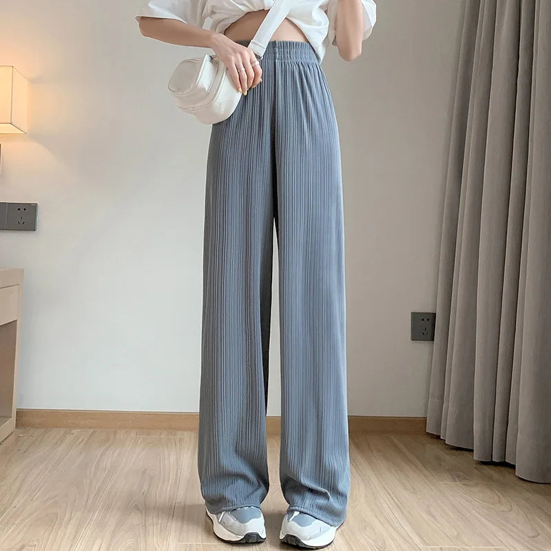 2025 Korea Dongdaemun Eis Seide Breite bein Hosen frauen Dünne Abnehmen Boden Hosen Weiß Gestreiften Hosen Y2K Mode hosen Baggy