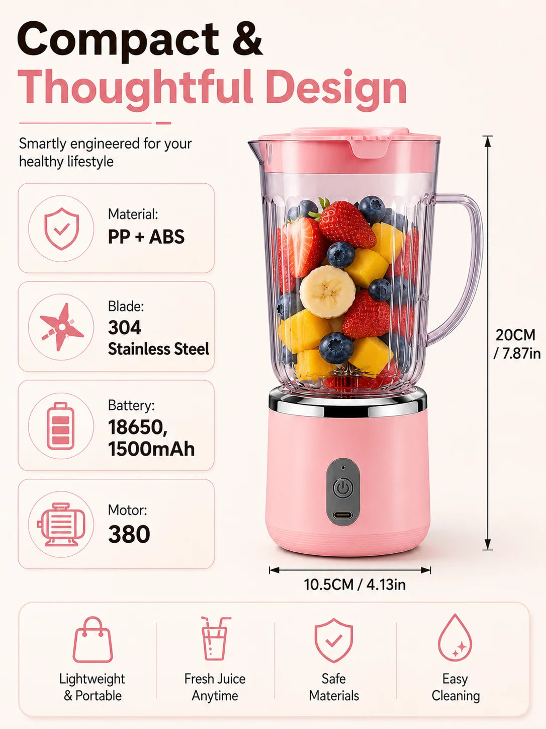 Kompakter 20cm Mini-Standmixer, 800ml großes Fassungsvermögen, USB-Ladefunktion, 304 Edelstahlklinge, Smoothie-Entsafter-Becher, leicht zu reinigen