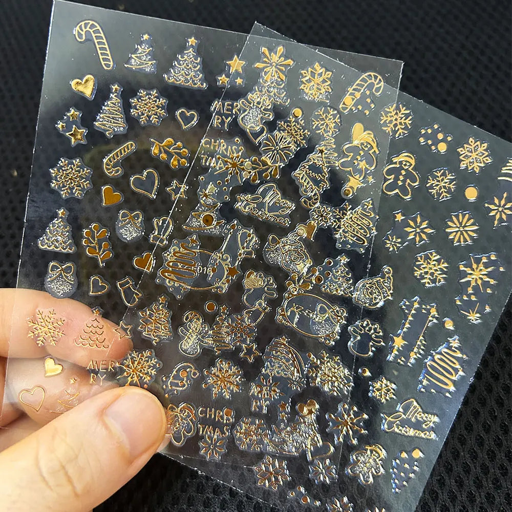 2 Stück 3D Glitter Gold Weihnachten Nagelaufkleber Schneeflocke Kristallkugel Baum Schneemann Nail Art Aufkleber selbstklebend Urlaub Nagelzubehör