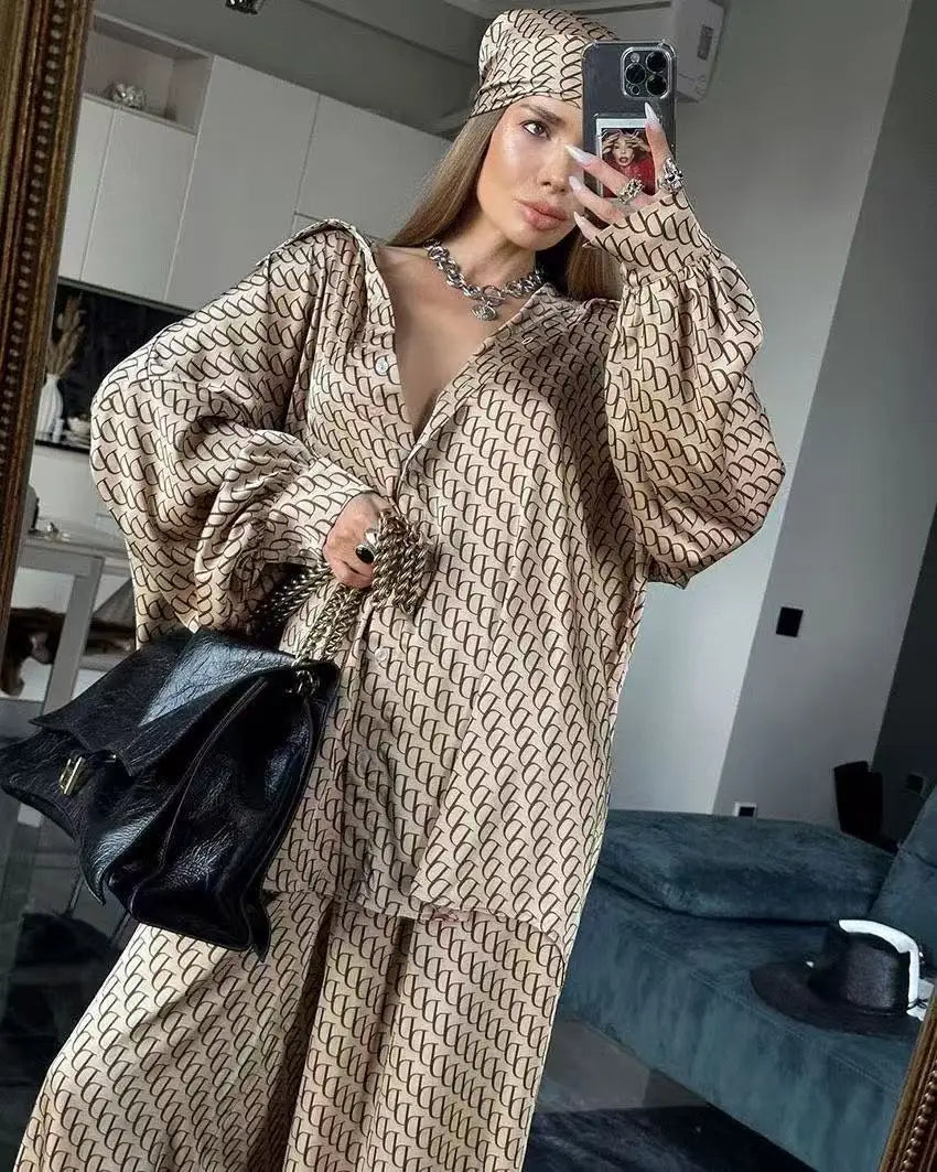 Neues Damen-Set mit geometrischem Print: Bluse & Lange Hose, Langarm, Locker & Bequem, 2-teiliges Set, Elegante Mode für den Arbeitsweg