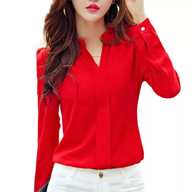 Langarm-shirt Frauen Herbst Kleidung Mode Schlanke Bluse V-ausschnitt Koreanische Elegante Damen Büro Shirts Weiß Rot