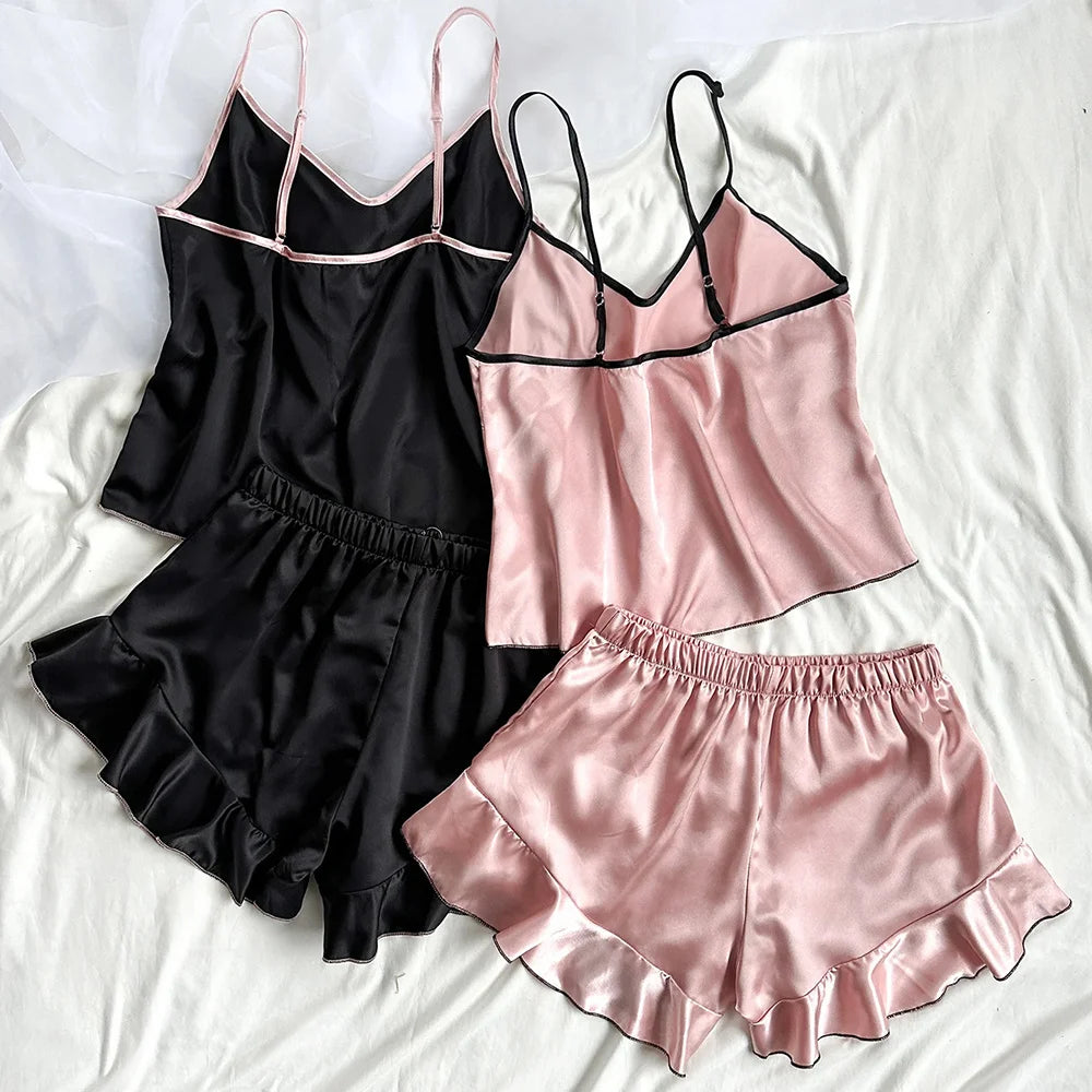 Damen-Pyjama aus glattem Satin, V-Ausschnitt, T-Shirt, gerüschte Kanten und Schleifen-Shorts, einfaches und atmungsaktives Pyjama-Set, Sling-Home-Kleidung