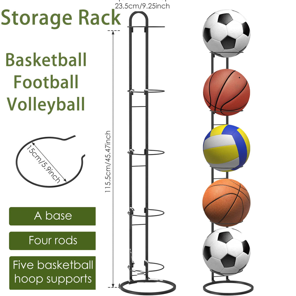 5-stufiges Eisenball-Aufbewahrungsregal, vertikal, abnehmbar, für Zuhause, Innenbereich, Kinder, Basketball, Fußball, Volleyball, Ständer, Platzsparend