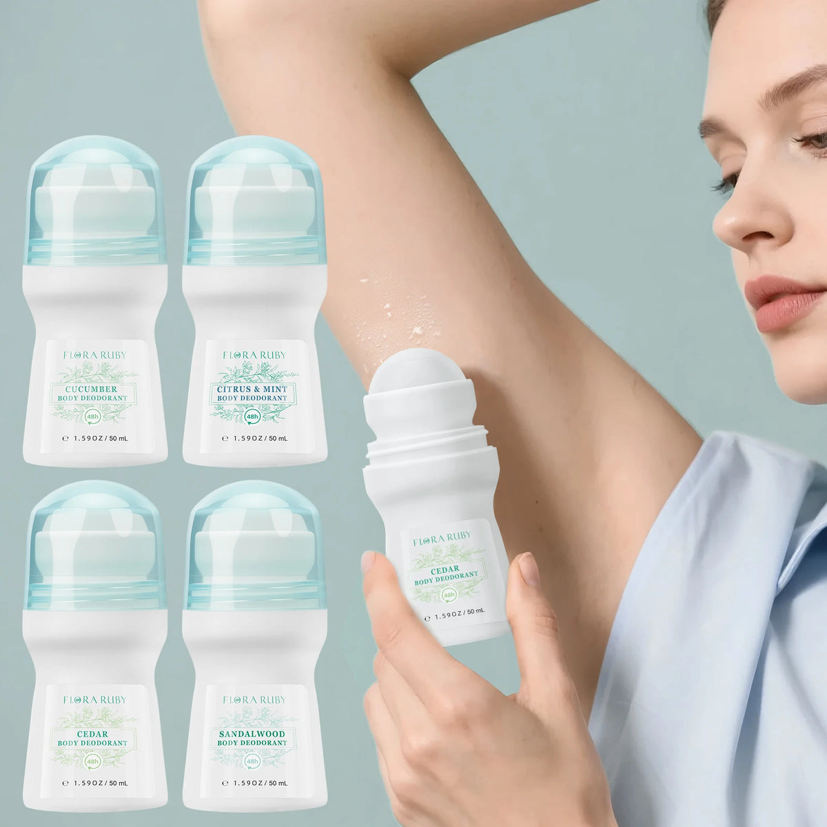 1 Stück Deodorant-Rolle der Flora Ruby Light Green-Serie für Damen und Herren, Allzweck-Deodorant-Rolle aus Aluminium, kostenlos, leicht zu transportieren