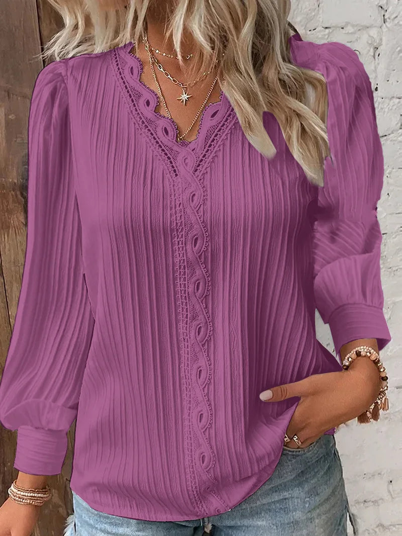 Weiße Damenblusen, Spitzennähte, V-Ausschnitt, schlichtes Chiffon-Hemd, Herbst-Langarm-Pullover, lockeres Oberteil, elegante Straßenbluse für Damen