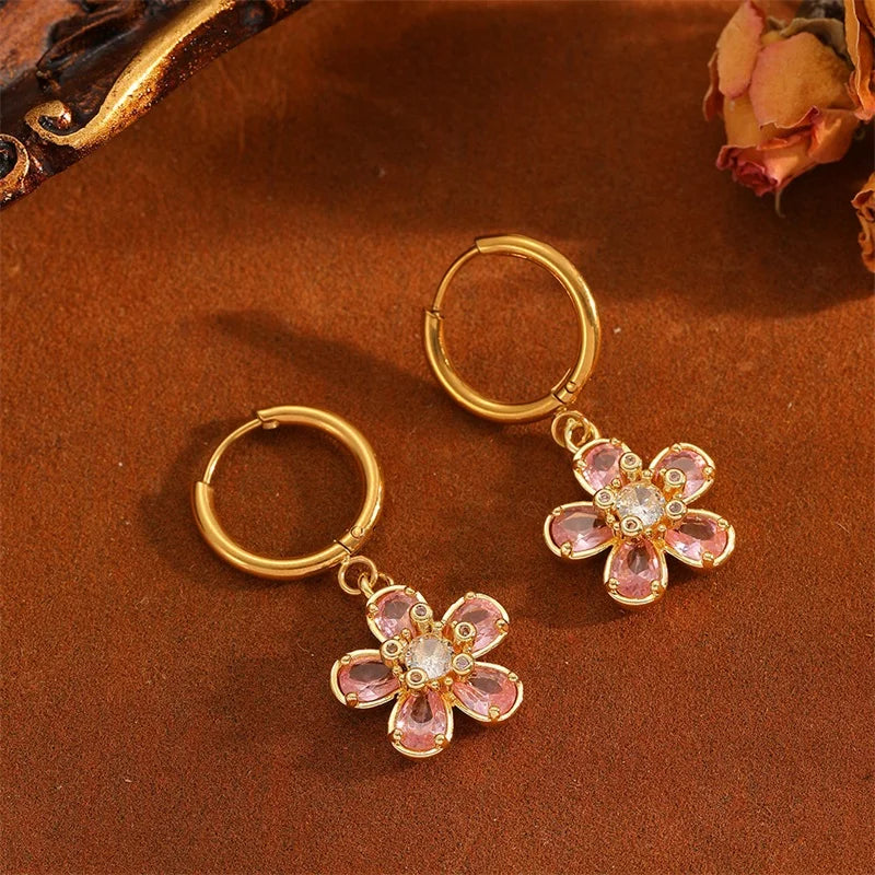 EILIECK Trendige Damen-Ohrringe mit Blumenmuster und rosa Zirkonia, Edelstahl, wasserabweisend, für den Alltag, Schmuck, Geschenk für Damen