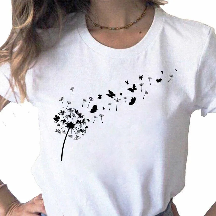 Neue Löwenzahn gedruckt Frauen T-Shirt Cartoon Grafik gedruckt schwarz Damen T-Shirt lässig Frau Shirt lustige T-Shirts