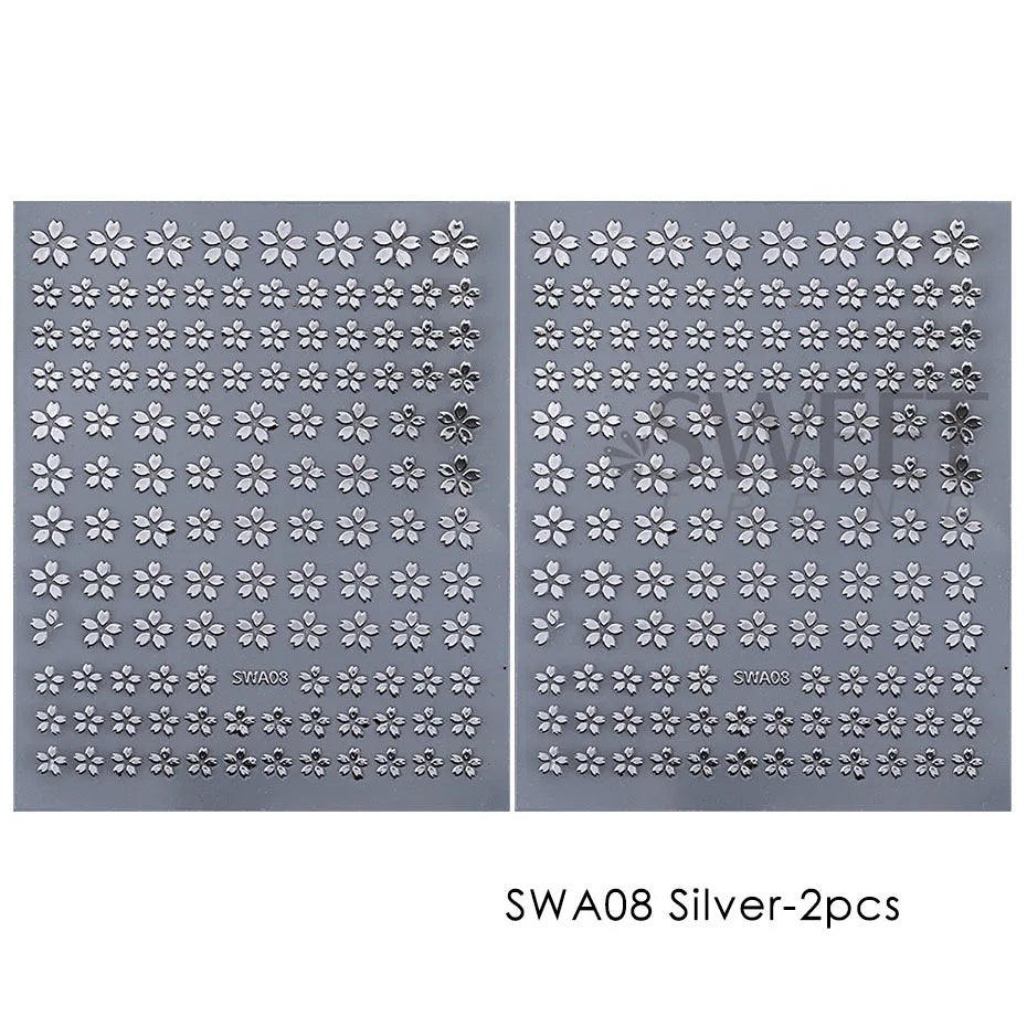 2/3 Stück holografische Sakura-Blumen-Nagelaufkleber, Kirschblütenblatt-Design, Silber, Gold, Blumenmuster, Sommer-Klebeaufkleber, Maniküre-Spitze