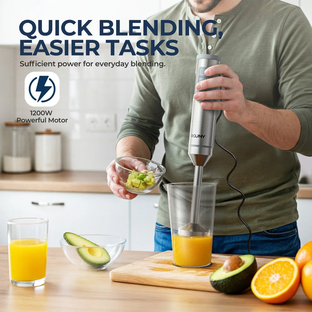 ROUNY 4-in-1-Handmixer, 1000 W, leistungsstarker Stabmixer aus Edelstahl, 700 ml Rührbecher, 500 ml Prozessor, Schneebesen