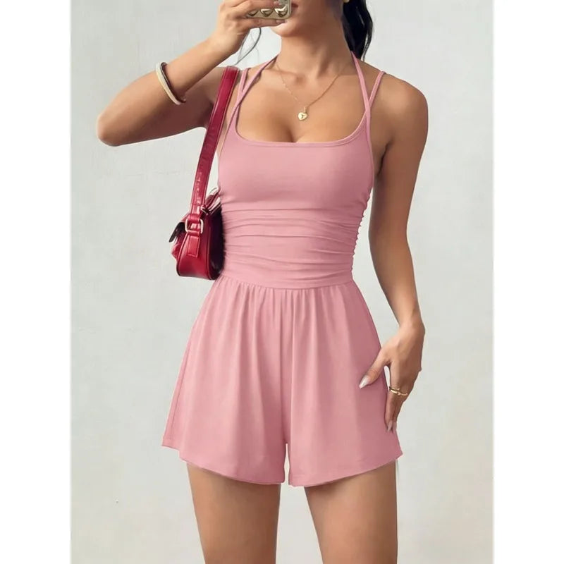 Damen Sommer Schwarz Lässiger Plissierter Lockerer Gerader Jumpsuit Ärmellos Hohe Taille Rückenfreier Overall Einfacher Trägeroverall