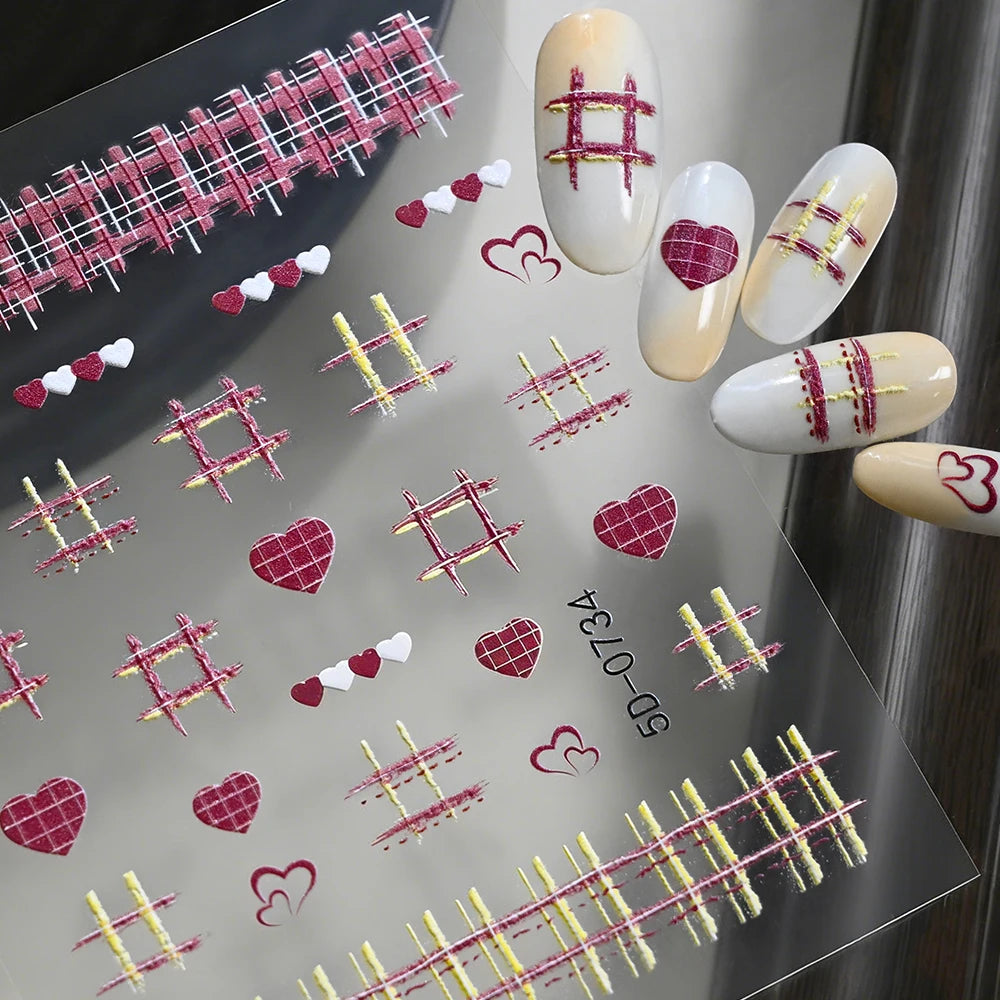1 Stück 5D Süße Herz-Karo-Präge-Nagelkunst-Sticker, karierte Liebesherzen im koreanischen Stil, französische Nagel-Abziehbilder, Maniküre-Dekorationen