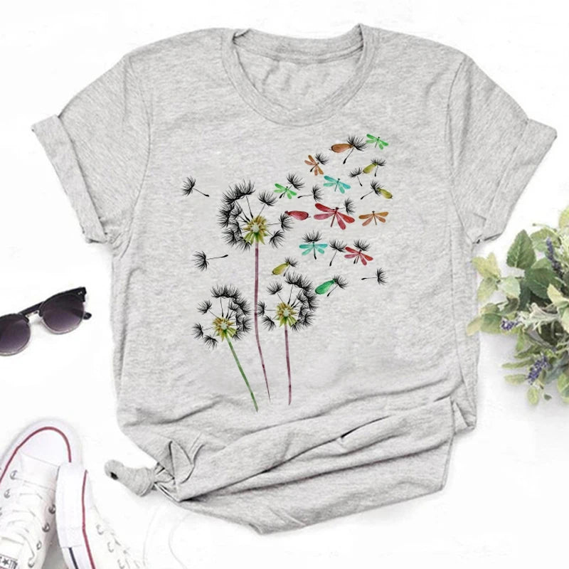Neue Löwenzahn gedruckt Frauen T-Shirt Cartoon Grafik gedruckt schwarz Damen T-Shirt lässig Frau Shirt lustige T-Shirts