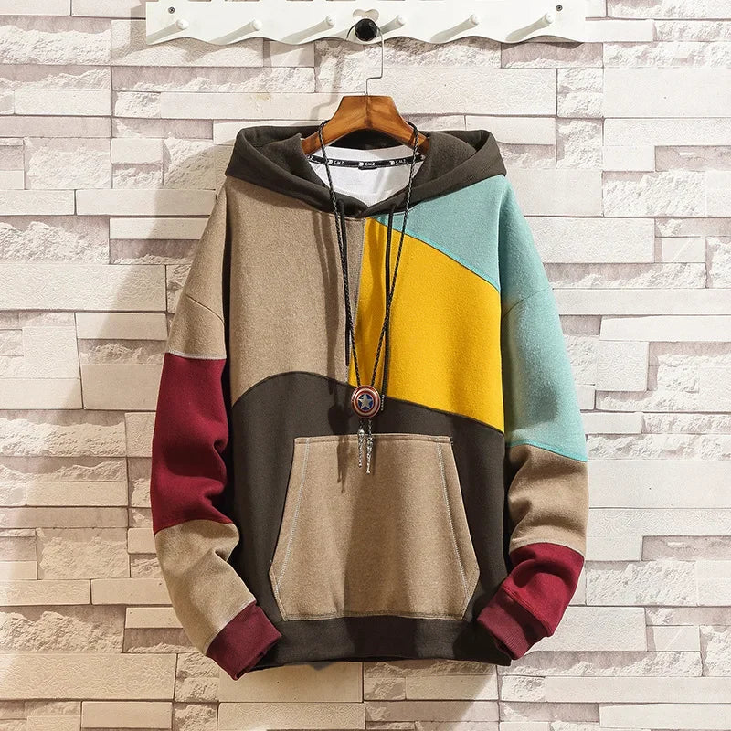 Herbst-Sweatshirt für Herren mit Kapuze, Jugendlicher Farbblock-Design, Locker Geschnittene Modische Jacke im Hongkong-Stil