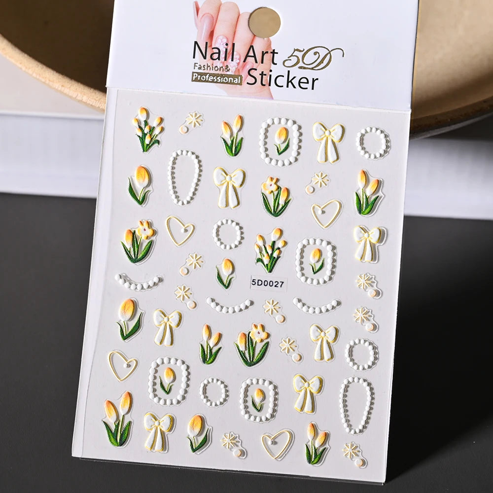 1 stücke 5D Nette Bunte Gänseblümchen Nail art Aufkleber Frühling Blumen Tulpe Weiß Gänseblümchen Nagel Aufkleber Sommer Blüte Floral Maniküre decora