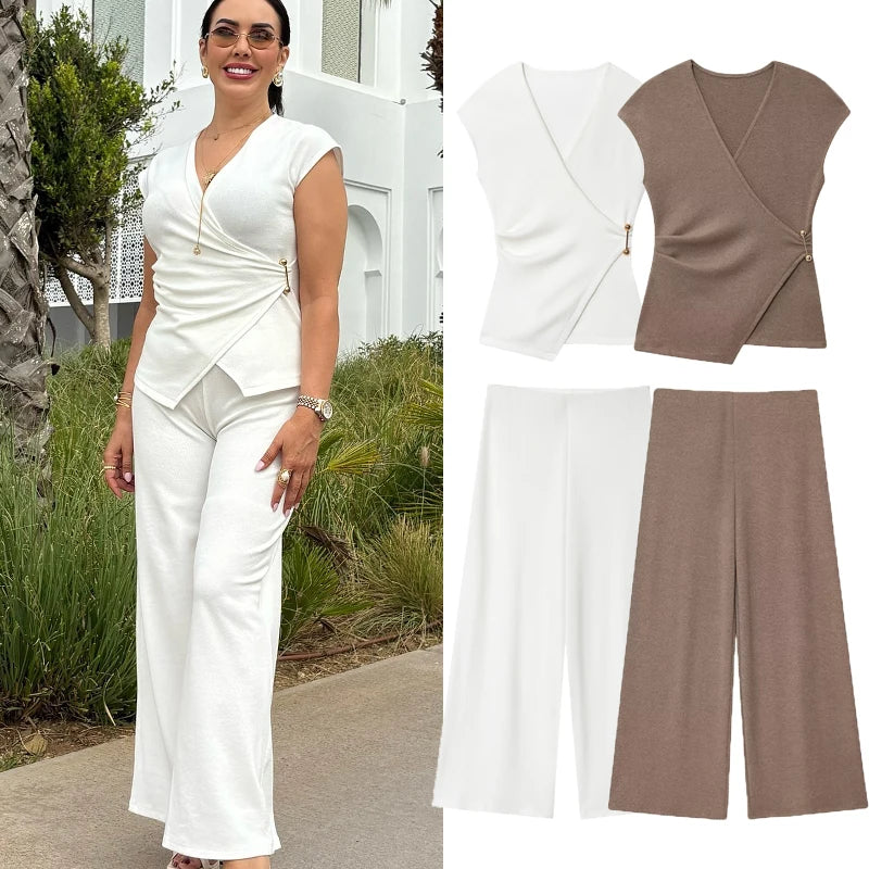 Damenanzug mit V-Ausschnitt Weste & Weite Hosen Set Elastische Taille Lockere Hosen für Damen 2026 Neu Elegantes Lässiges 2-Teiliges Set