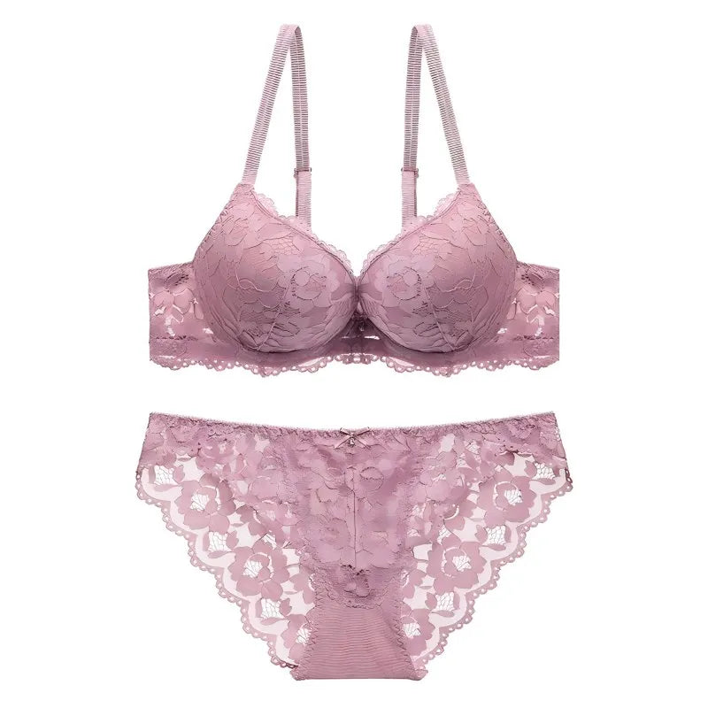 Sexy Spitzen-Blumen-Damenunterwäsche-Set mit Doppelträgern, Push-Up BH und Transparenten Sexy Slips