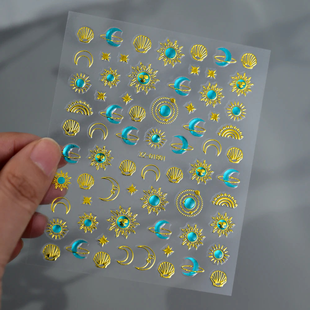 1 Stück Blauer Edelstein Stern Sonne Mond Nagelaufkleber 3D Böhmisches Sternenlicht Herz Schlange Selbstklebende Abziehbilder Französische Linien Streifen Maniküre Sliders