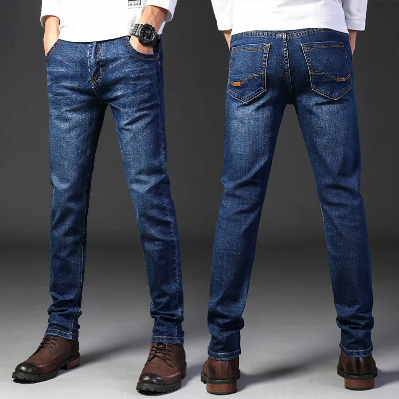 Wthinlee Neue Business-Herrenjeans Fleece Casual Gerade Geschnittene Stretch-Mode Klassische Blaue Schwarze Arbeits-Denim-Hosen Männerkleidung