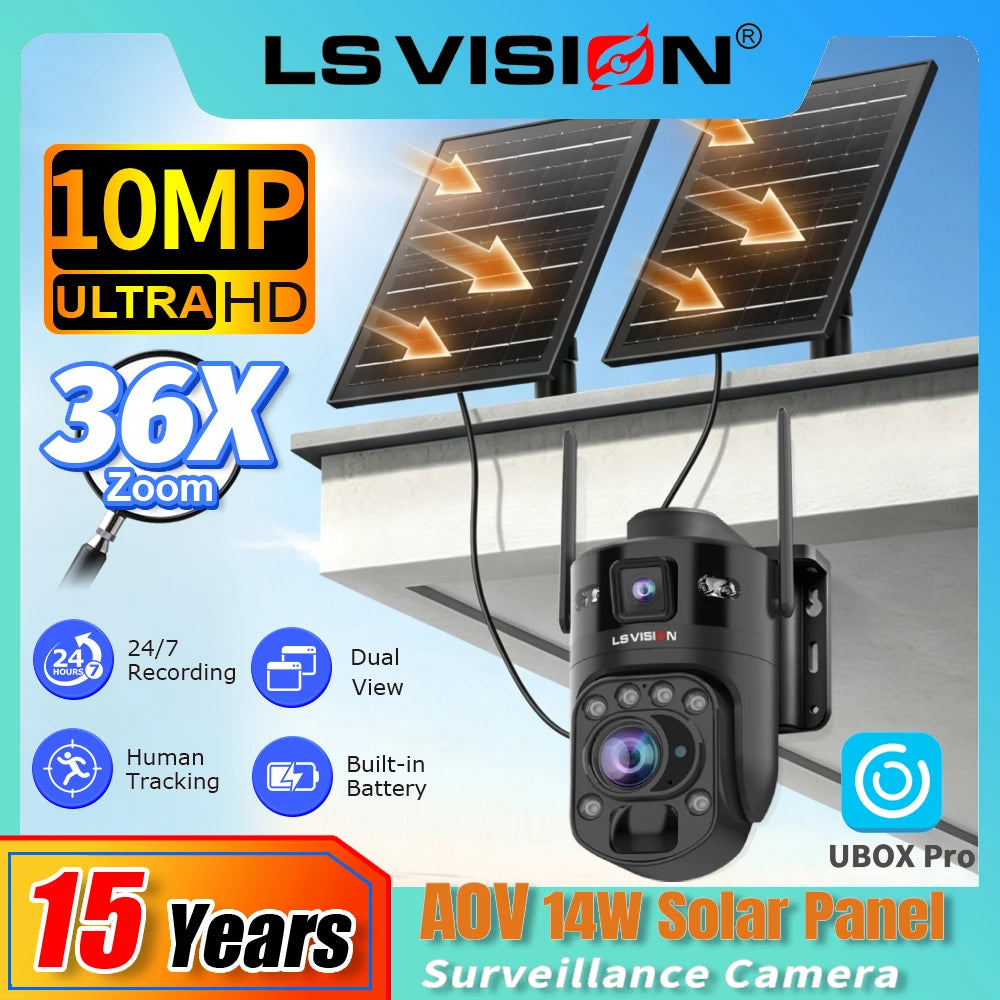 LS VISION 36X Optischer Zoom Außen-Solarkamera WiFi/4G 24/7 Videoaufzeichnung Doppelbildschirme AOV & PIR WLAN-Sicherheitskamera CCTV IP66
