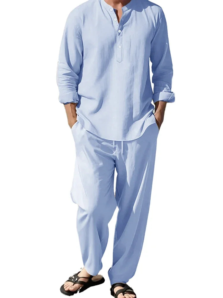 2-teiliges Hemd-Hosen-Set, langärmeliges Henry-Hemd, Hosenanzug, Sinn für Textur, Urlaub, leicht, atmungsaktiv, drapiert, Herrenbekleidung