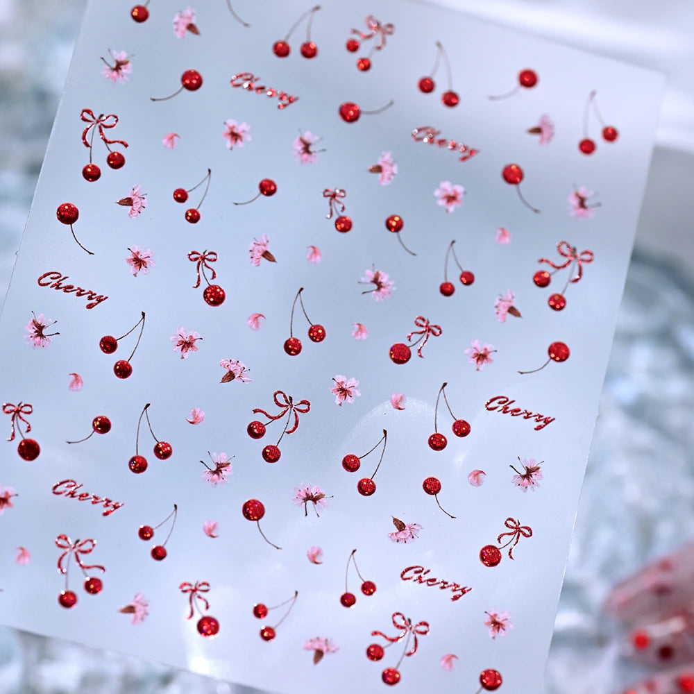 5D Frische Kirschblüten Nagelaufkleber Geprägte Frühlings-Blumen- und Fruchtdesigns DIY Süße Maniküre-Dekorationen