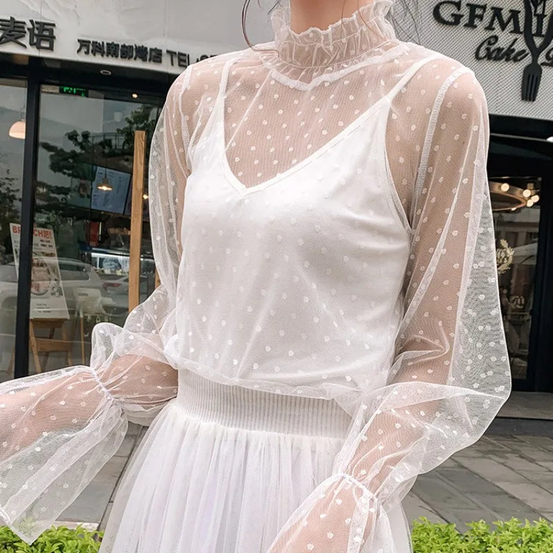Elegante Damen-Bluse mit Hohem Kragen und Polka Dots, Mesh-Spitzenbesatz, Puffärmel, Schlanke Passform, Büro-Damenmode, Tägliche Oberteile