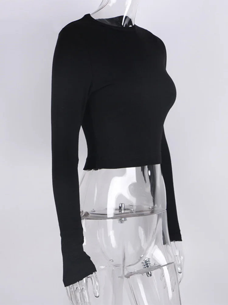 O-Ausschnitt Langarm-Shirt für Damen, gerippt, sexy, abgeschnittene Tops, 2022, Frühling, Schwarz, lässig, dünn, Basic, Damen-T-Shirts, Weiß